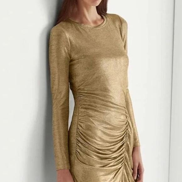 NWT Lauren Ralph Lauren Side Ruched Solid Foil Jersey Sheath Dress Sz. 8 Gold - Picture 5 of 12